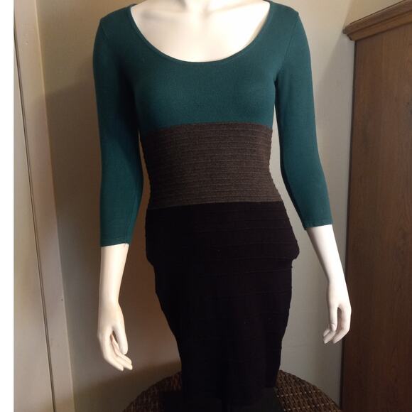 Max Studio Bodycon Knit Ribbed Dress Sz Small Tri-Color Block Slinky Stretchy - Picture 1 of 10